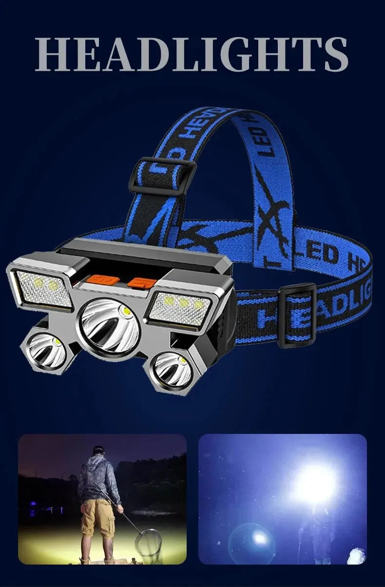 A black LED headlamp is shown attached to a strap, with images demonstrating its use in low-light outdoor settings.