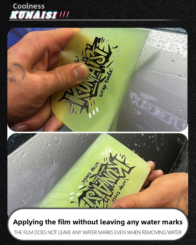 A hand is applying a clear film to a surface using a squeegee, demonstrating the film's ability to prevent water marks.