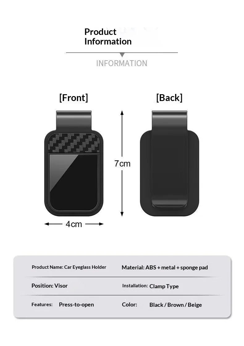 Front and back views of a black ABS car eyeglass holder with a sponge pad for visor installation