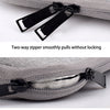 Close-up of a gray waterproof laptop sleeve featuring two-way zippers and a tongue design to prevent scratching.