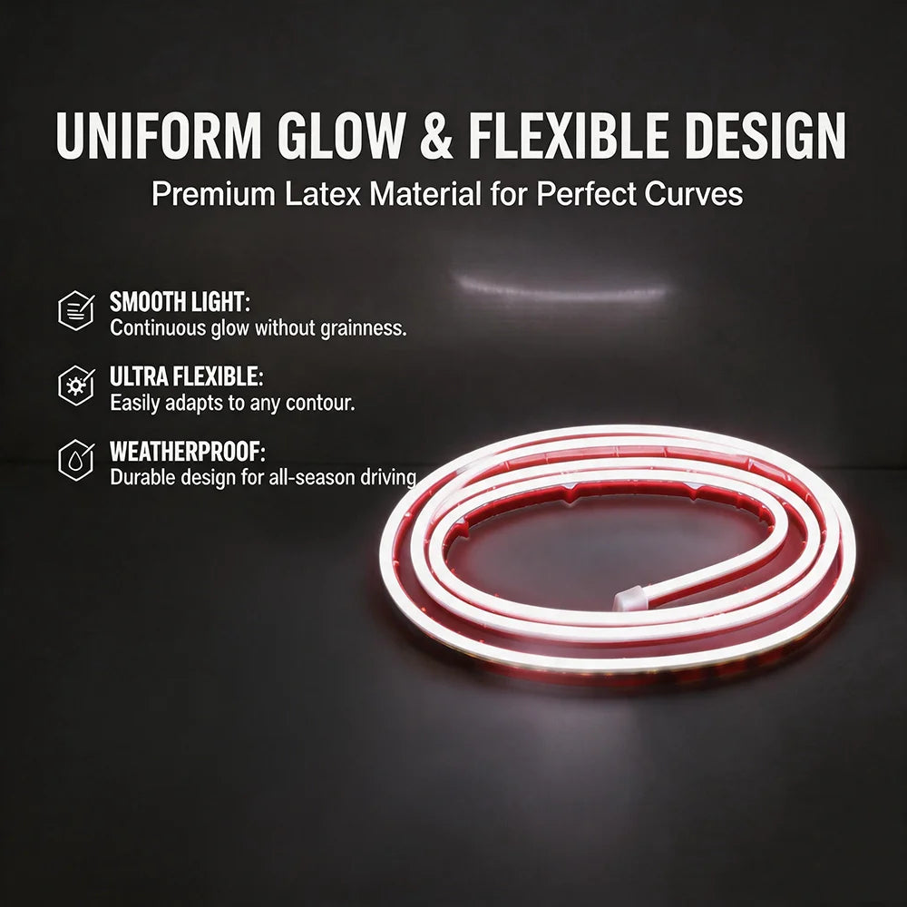 A coiled red LED light strip demonstrating uniform glow and flexible design for automotive use.