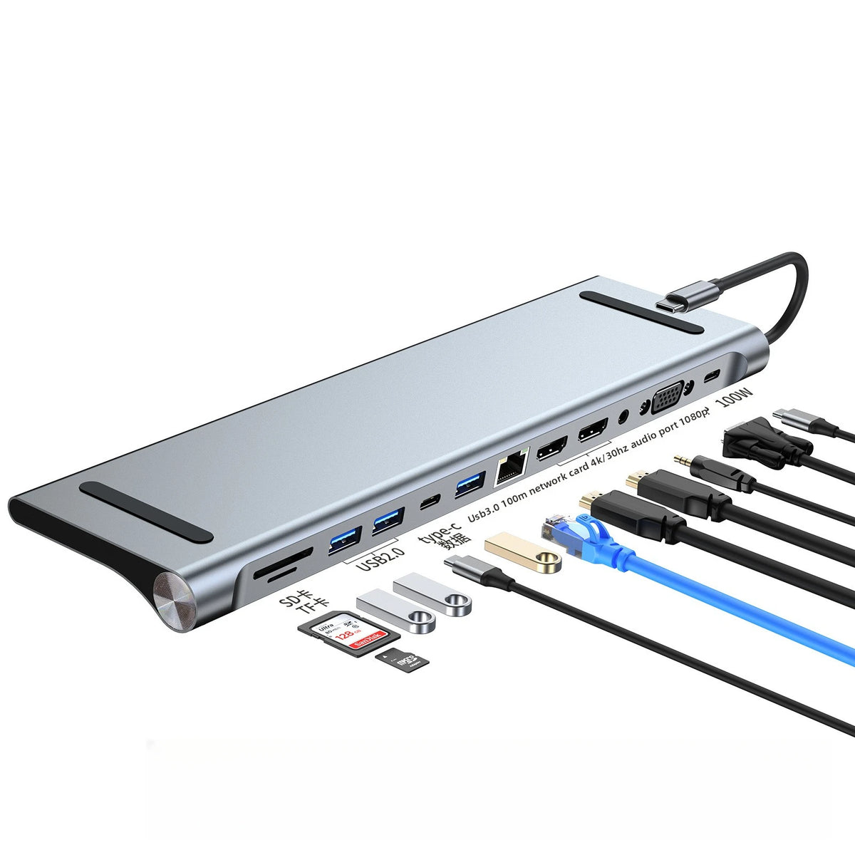 Silver 12-in-1 USB-C docking station featuring dual 4K HDMI ports and SD/TF card readers.
