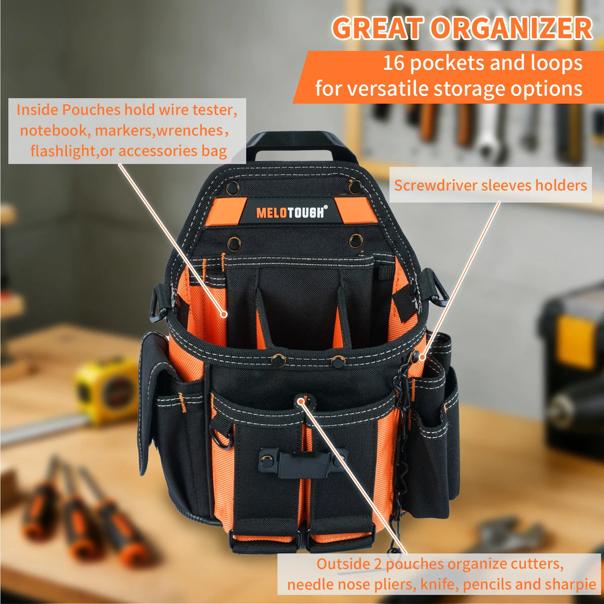 Black and orange heavy-duty tool pouch with 16 pockets and loops for versatile storage