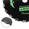 A close-up view of a black brush cutter blade with mounting hardware and a green arrow indicating direction.