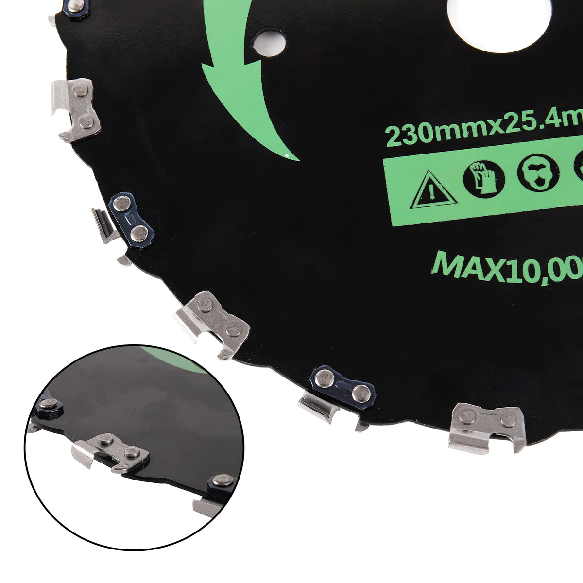 A close-up view of a black brush cutter blade with mounting hardware and a green arrow indicating direction.