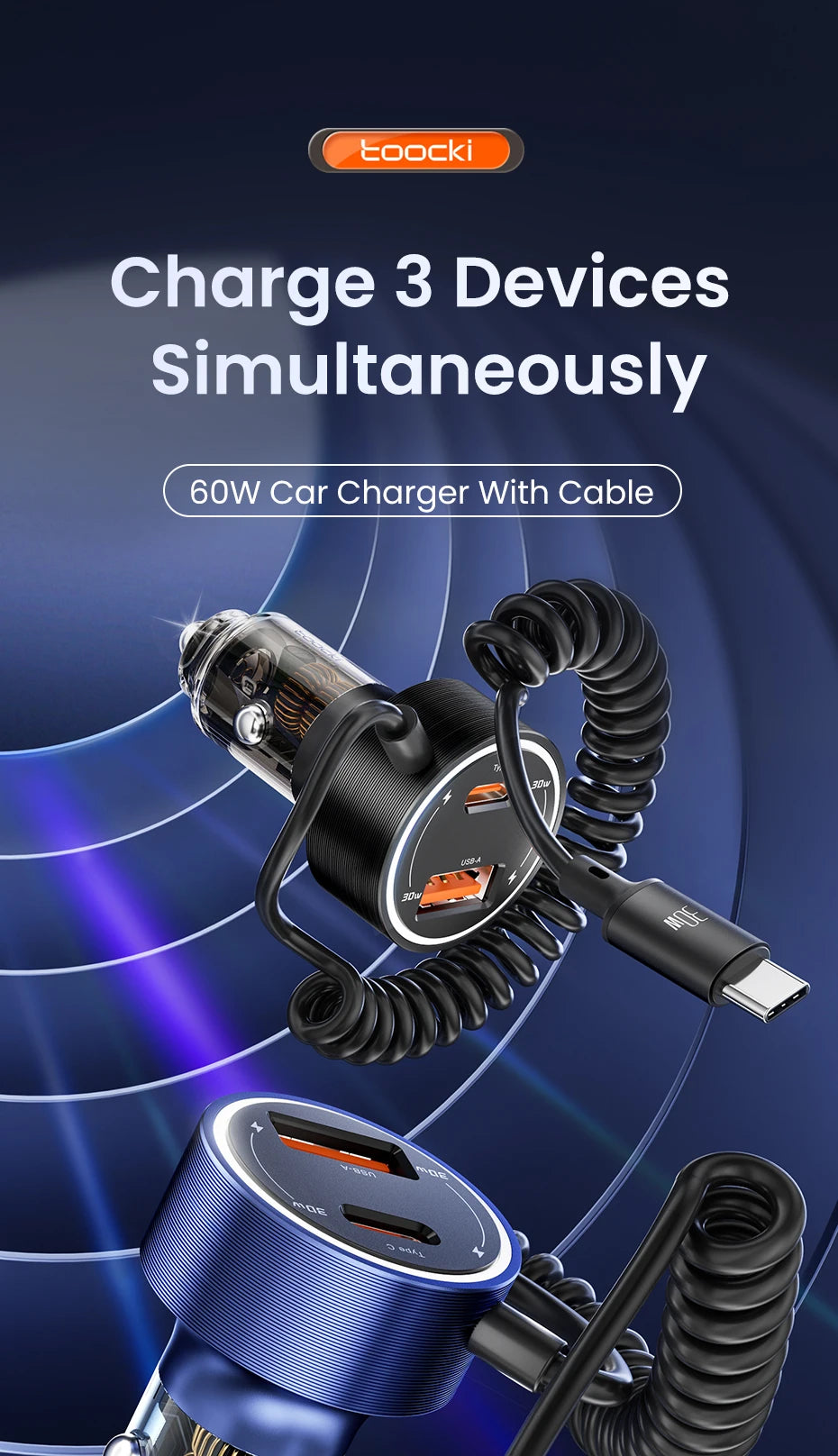 60W USB-C Car Charger with Built-In Spring Cable