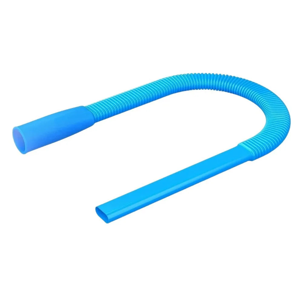 A flexible blue vacuum hose used for cleaning dryer vents.