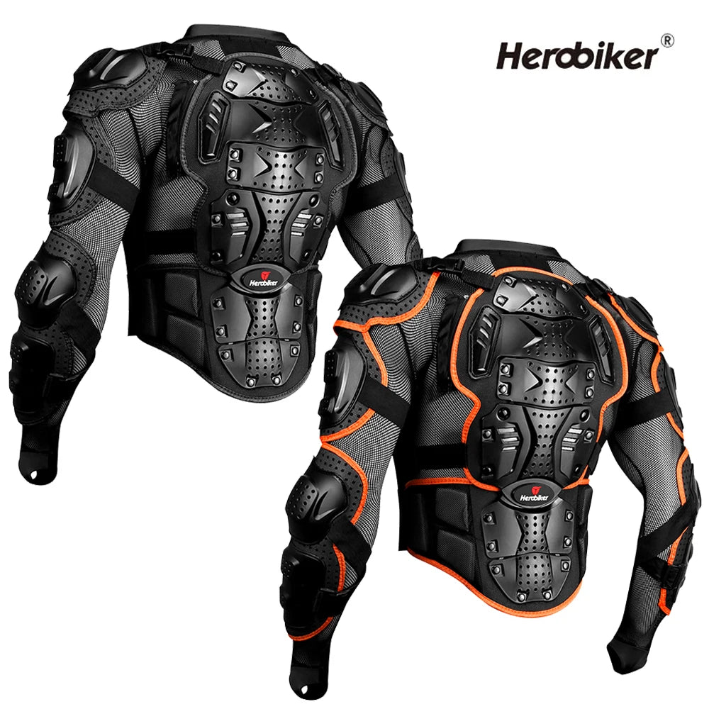 Black Herobiker motocross armor jacket shown from the back and front, featuring impact protection.