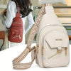 A light beige PU leather crossbody bag with a woven strap is shown next to a person.