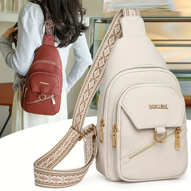 A light beige PU leather crossbody bag with a woven strap is shown next to a person.