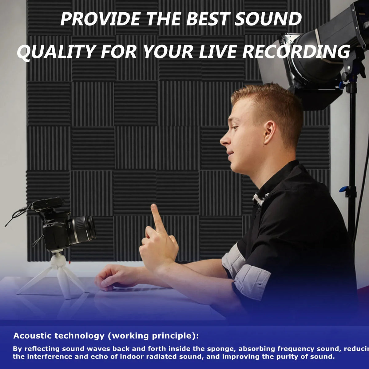 A man demonstrates acoustic technology using foam panels for live recording soundproofing.
