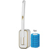 A white disposable toilet cleaning brush with a handle and a blue cleaning head, shown next to six brushes.
