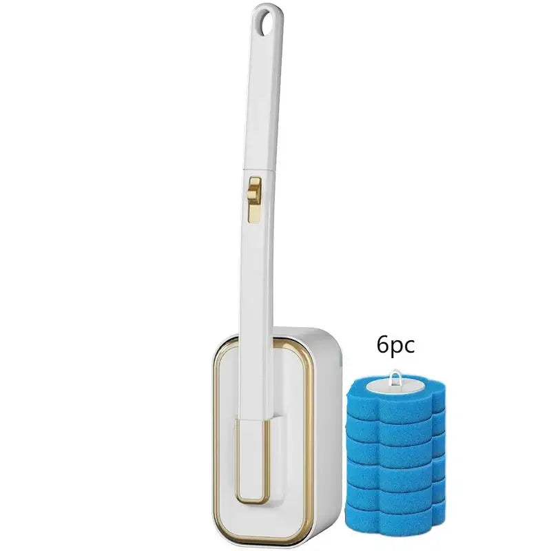 A white disposable toilet cleaning brush with a handle and a blue cleaning head, shown next to six brushes.