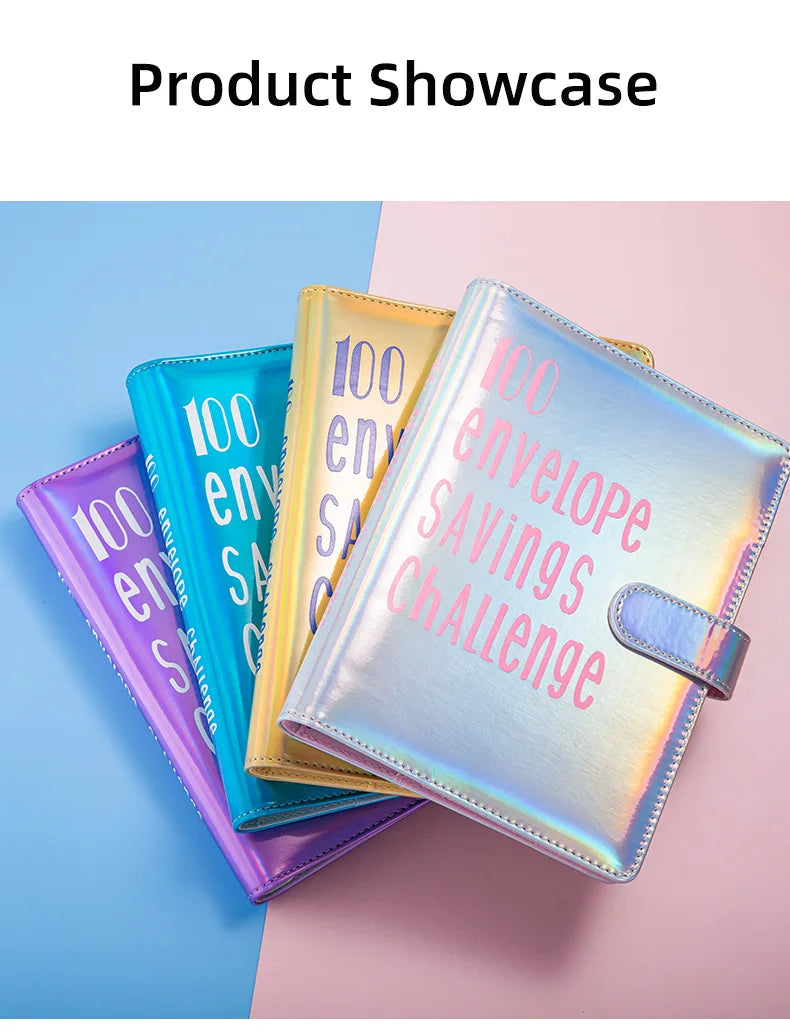 A showcase of a pink and blue A5 budget binder with 100 envelope savings challenge cash envelopes.