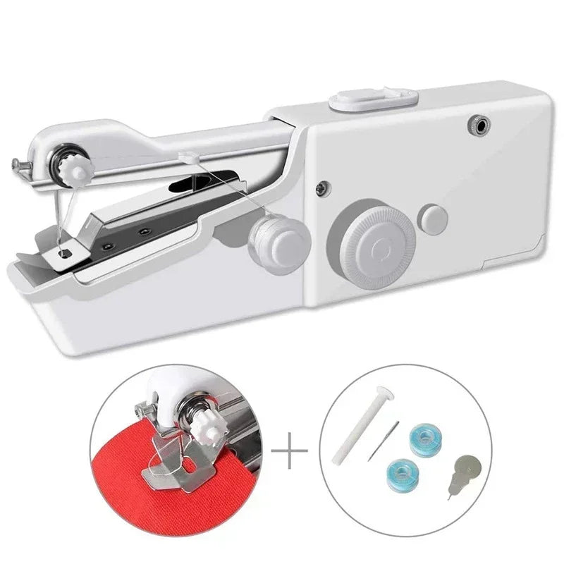 Portable Mini-Nähmaschine mit silbernem Gehäuse und rotem Stoff beim Nähen.