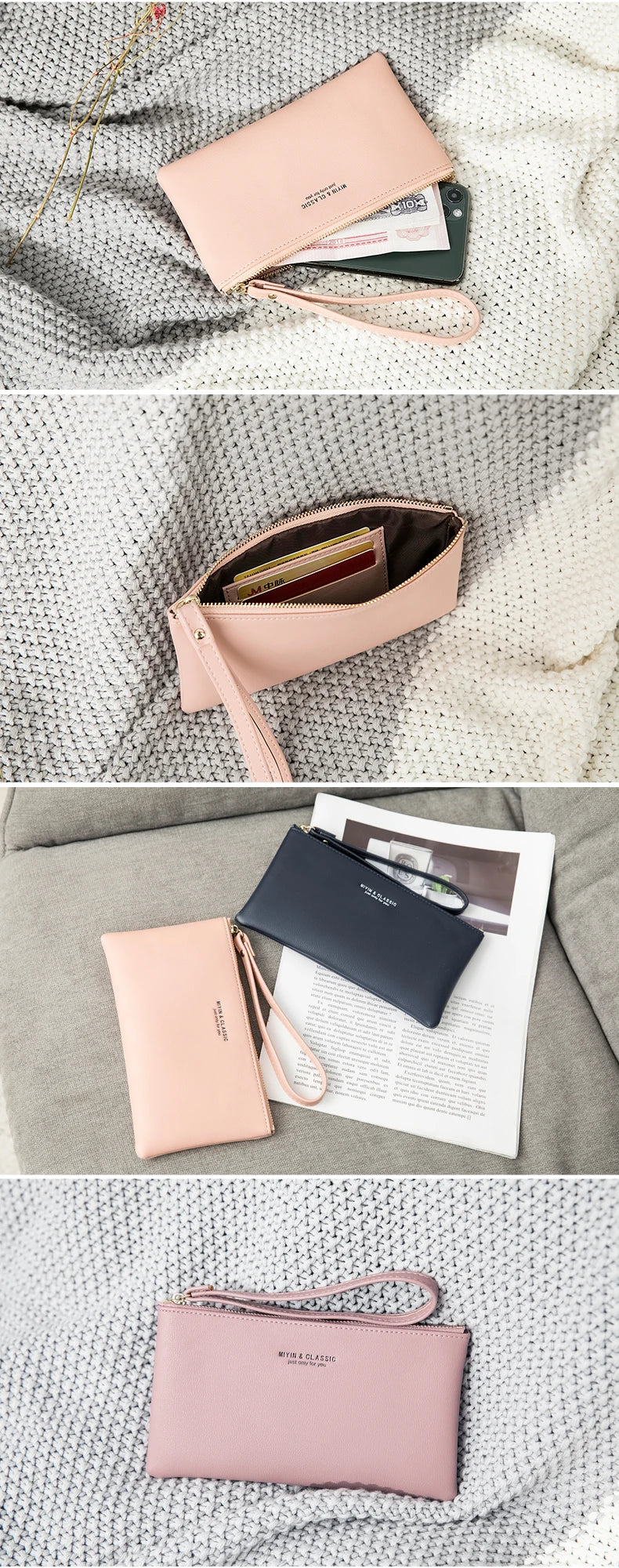 Slim PU Leather Zip-Around Wallet with Card and Phone Pockets