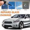 A hand holds a black applicator for a glass repair kit, demonstrating its use on a car windshield.