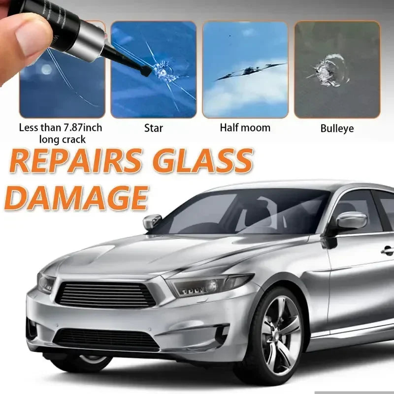 A hand holds a black applicator for a glass repair kit, demonstrating its use on a car windshield.
