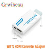 White Wii to HDMI Converter Adapter device with a blue connector and audio/HD output ports.