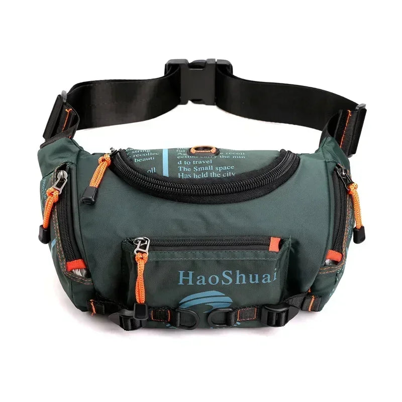 A dark green tactical chest bag with black straps and orange accents, featuring a padded compartment.