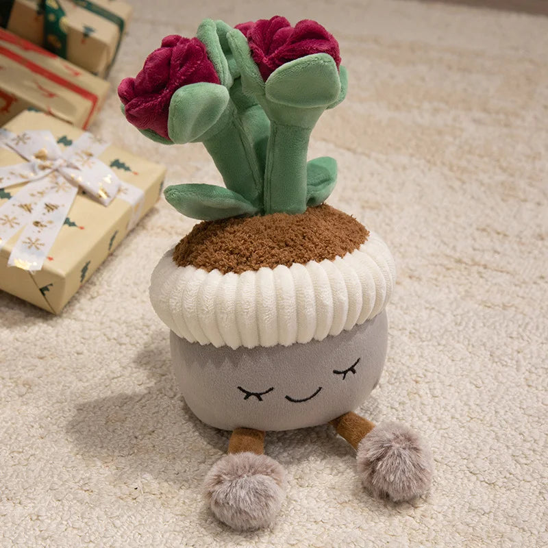 A cute artificial flower plush doll with green leaves and pink petals sits on a light-colored rug.