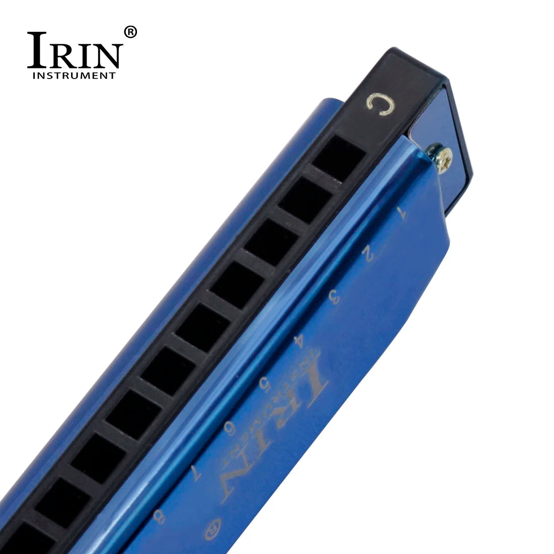 Blue protective case for a 10-hole 20-tone harmonica in C tuning.