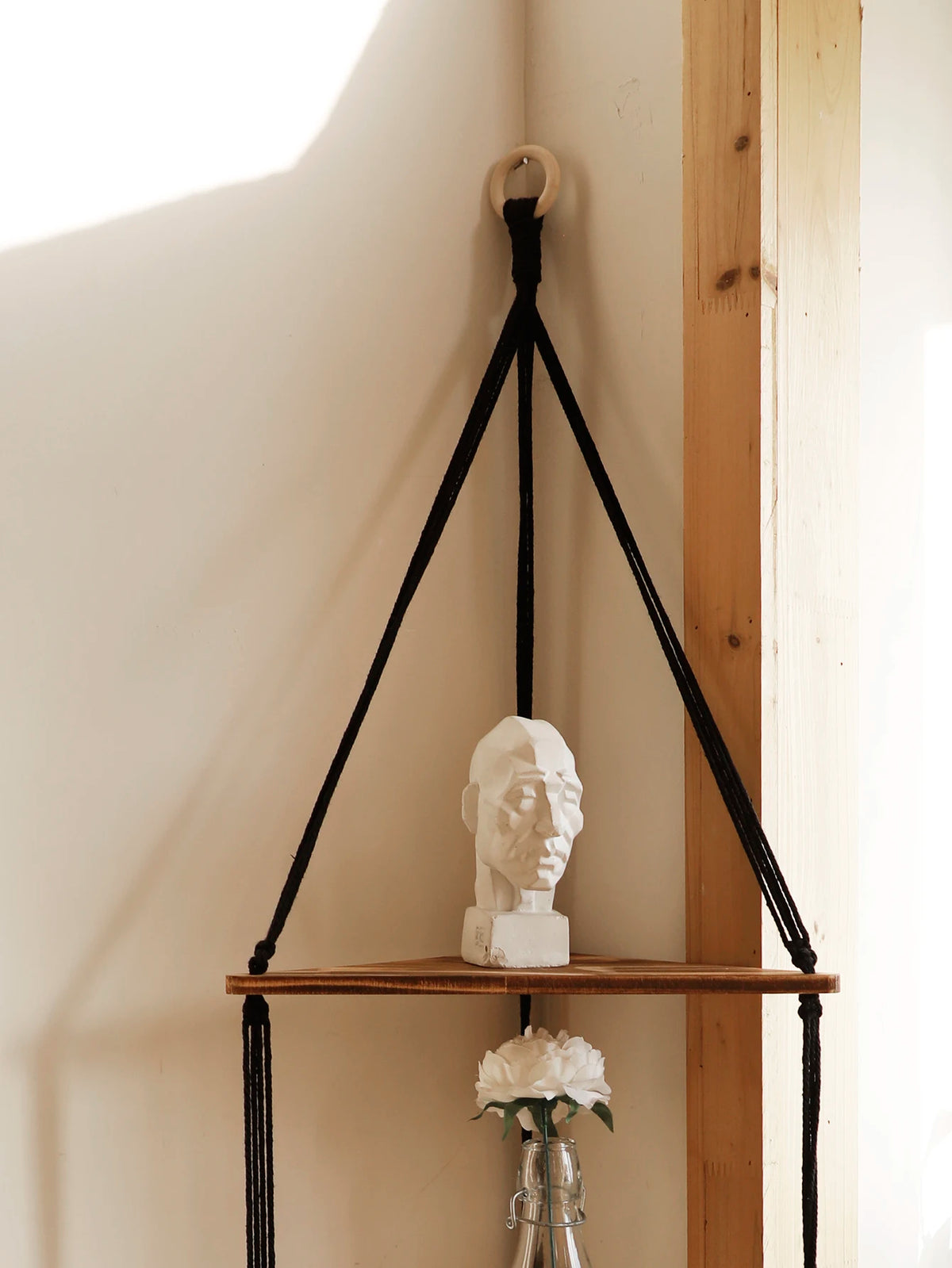 Triangle Wood Floating Wall Shelf with Macrame Rope