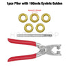 A set of pliers with 100 golden 4mm eyelets and a red handle.