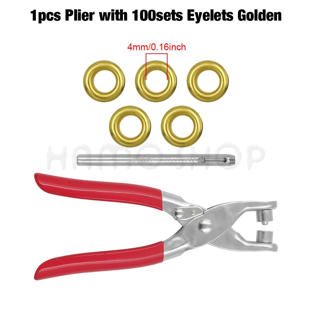 A set of pliers with 100 golden 4mm eyelets and a red handle.
