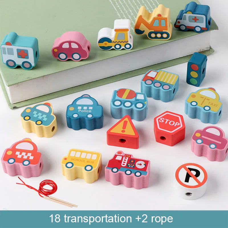 Wooden Lacing Beads Set for Kids with Animal, Fruit, Letter & Number Shapes