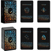 A set of oracle cards featuring designs in gold, blue, and black tones for intuition and guidance.