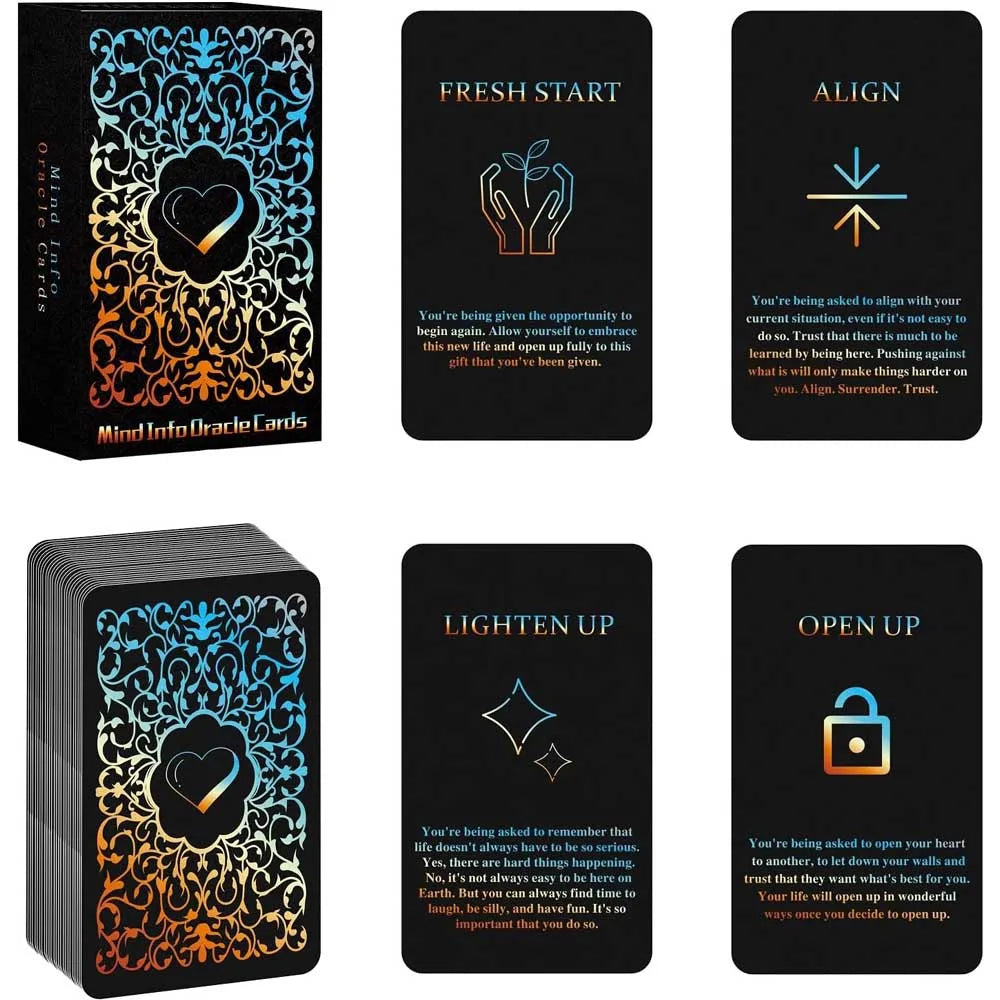 A set of oracle cards featuring designs in gold, blue, and black tones for intuition and guidance.