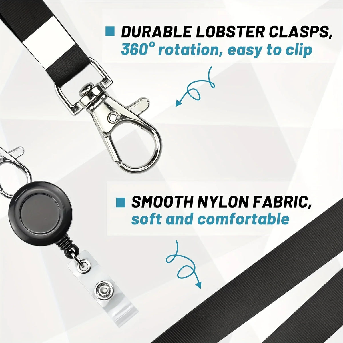 Black retractable badge reel with a silver clasp and nylon fabric strap shown in detail.