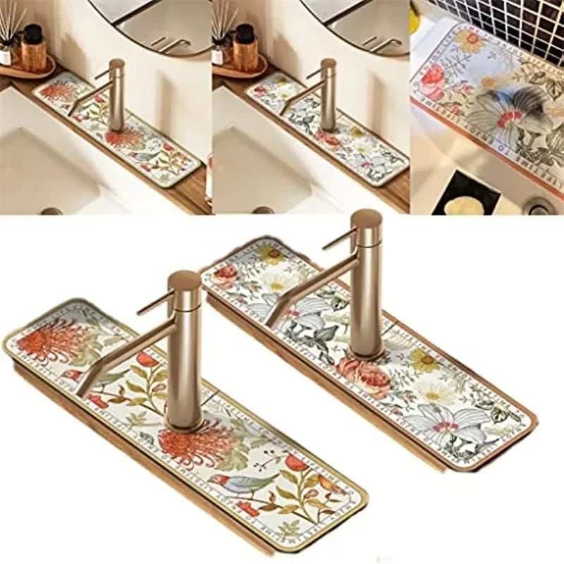 A set of floral diatomaceous earth faucet mats with modern metal faucets displayed on a wooden surface.