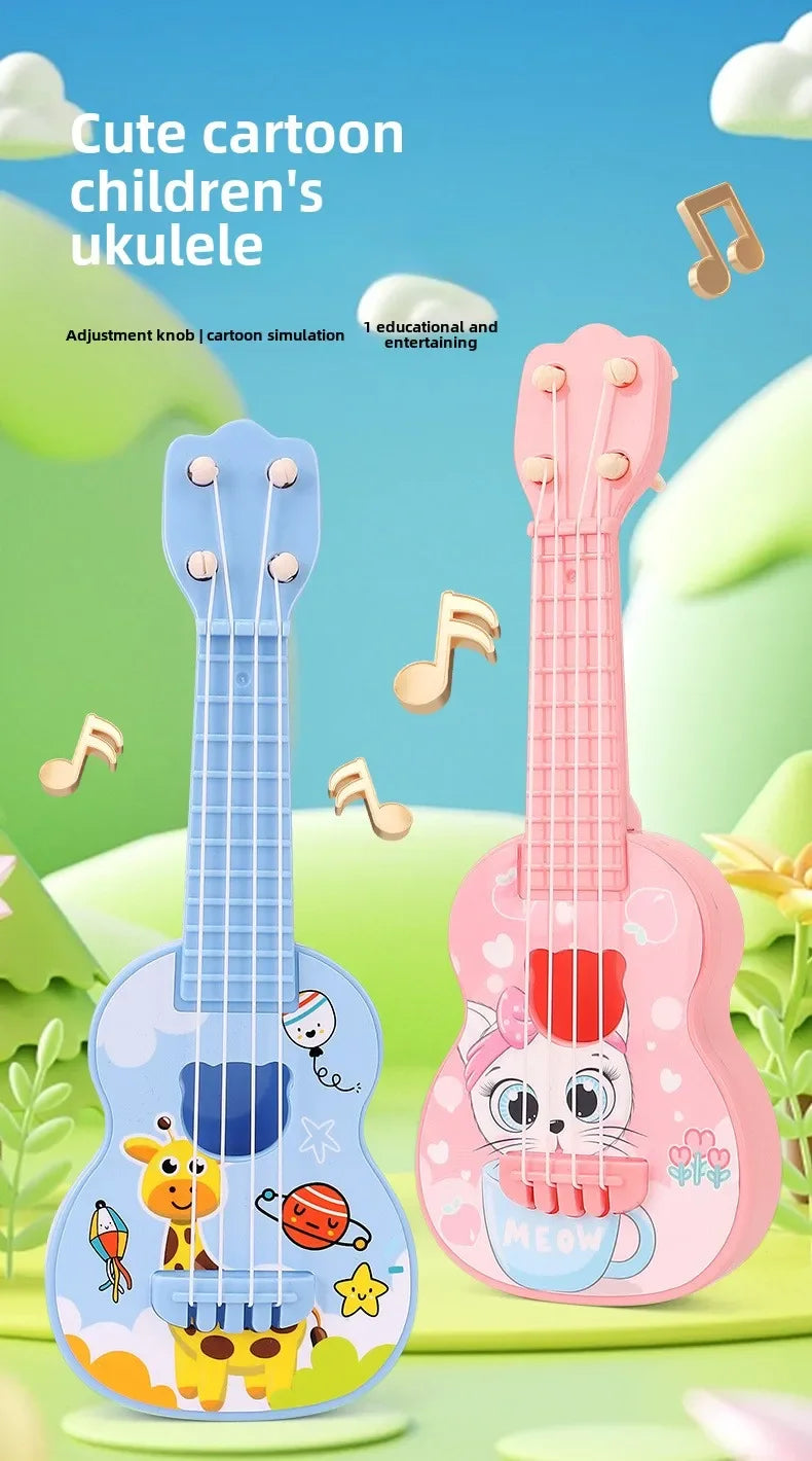 A pink ukulele toy guitar with a cat face design and a blue ukulele toy guitar, both featuring adjustment knobs.
