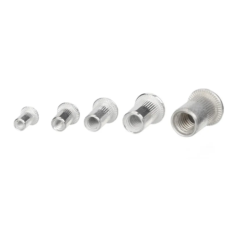 A multi-pack of aluminum flat head rivet nuts.