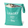A teal laundry bag is shown open, revealing folded clothes inside.