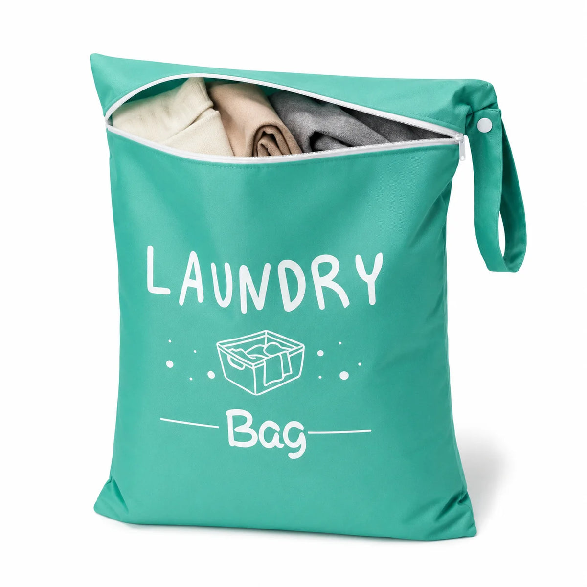 A teal laundry bag is shown open, revealing folded clothes inside.