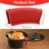 A red silicone pan handle cover with ridges is shown next to a black skillet and lid.