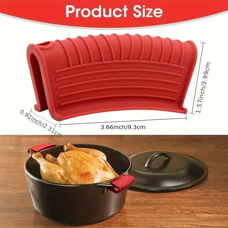 A red silicone pan handle cover with ridges is shown next to a black skillet and lid.