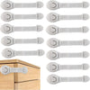 A set of five silver child safety cabinet locks for drawers and doors shown in various orientations.