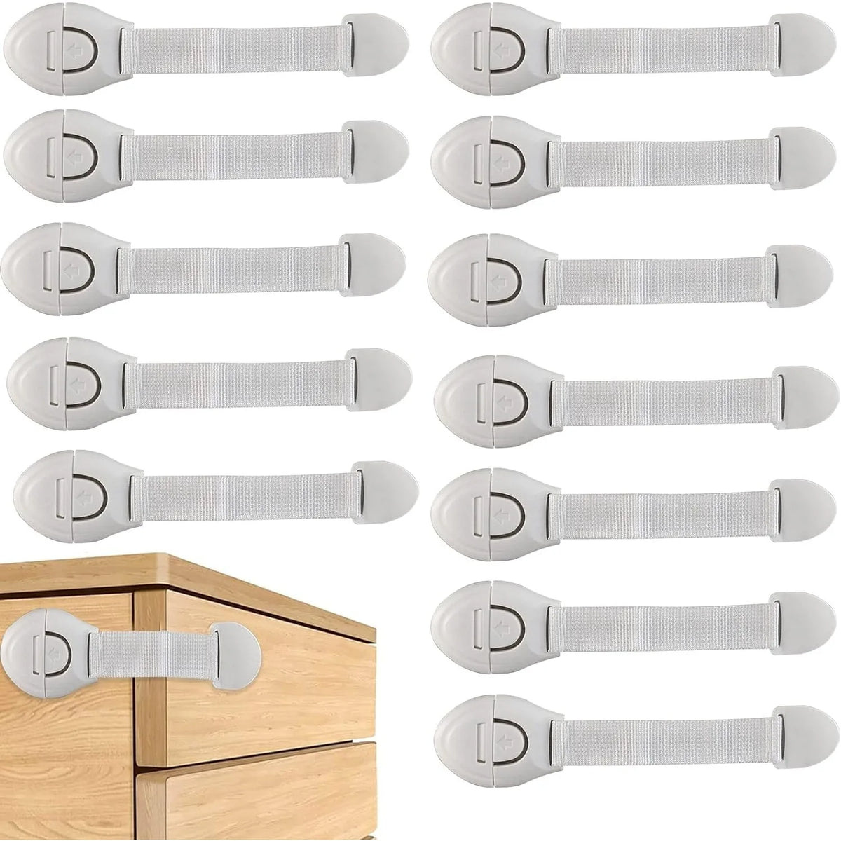 A set of five silver child safety cabinet locks for drawers and doors shown in various orientations.