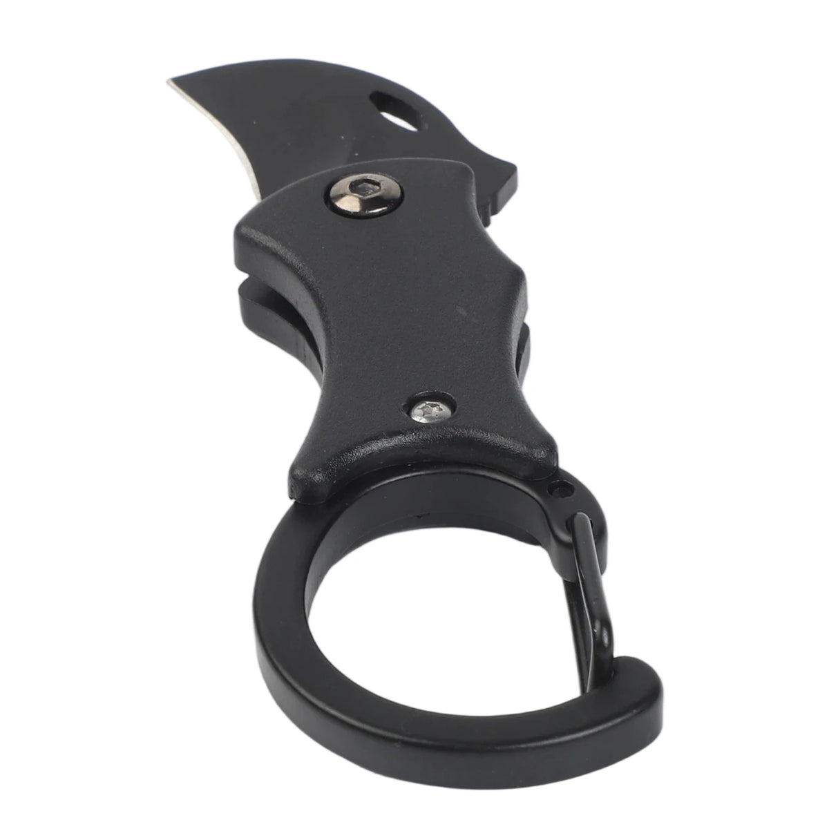 Navaja multiherramienta plegable compacta negra con gancho para llavero.