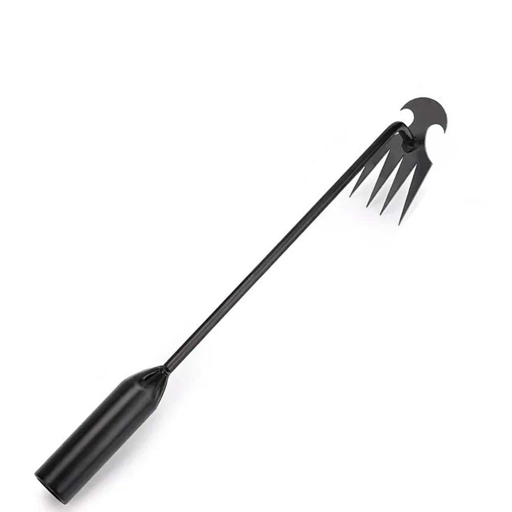 A black 4-tine steel hand weeder for precision gardening with a long handle.