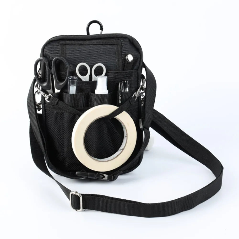 Black multi-pocket crossbody fanny pack with various tools and accessories for nurses