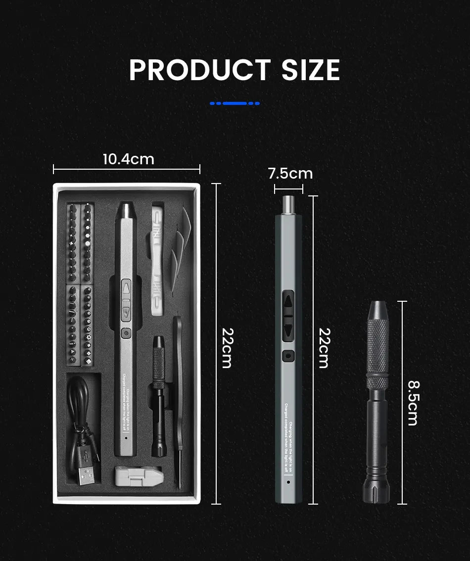 A product size diagram showing a set of precision screwdrivers and magnetic bits in a white case.