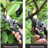 Close-up images showing garden pruning shears used for nursery and branch pruning.