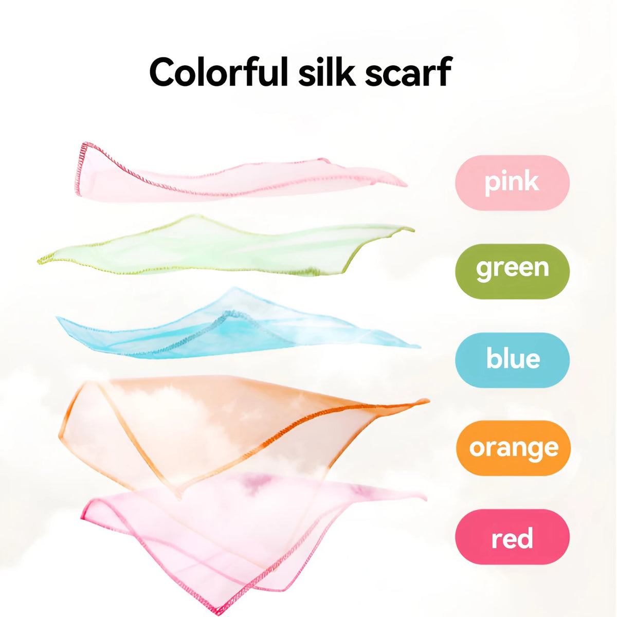 A collection of colorful silk scarves in pink, green, blue, orange, and red.