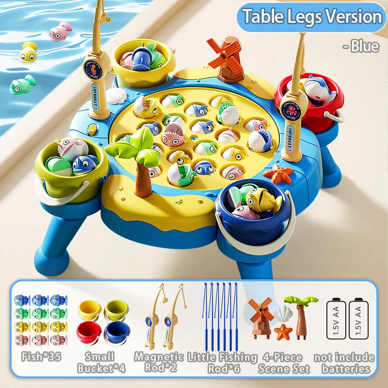 Blue table legs version of a magnetic little fishing game set with buckets rods and accessories