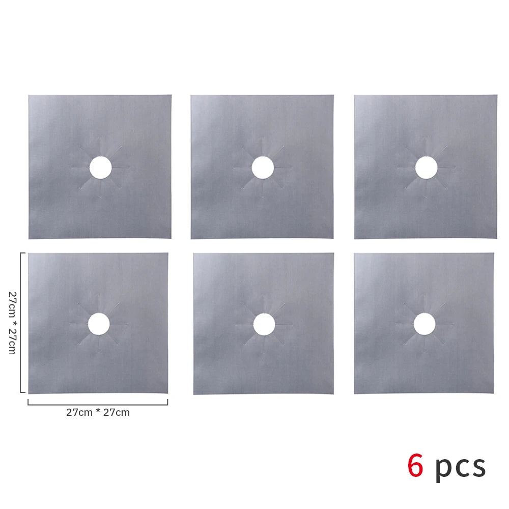 Six square gray silicone mats with circular holes for protecting gas stoves
